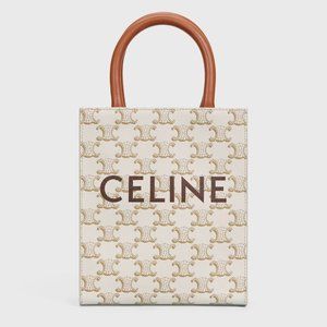 CELINE MINI VERTICAL CABAS IN TRIOMPHE CANVAS AND CALFSKIN, WHITE